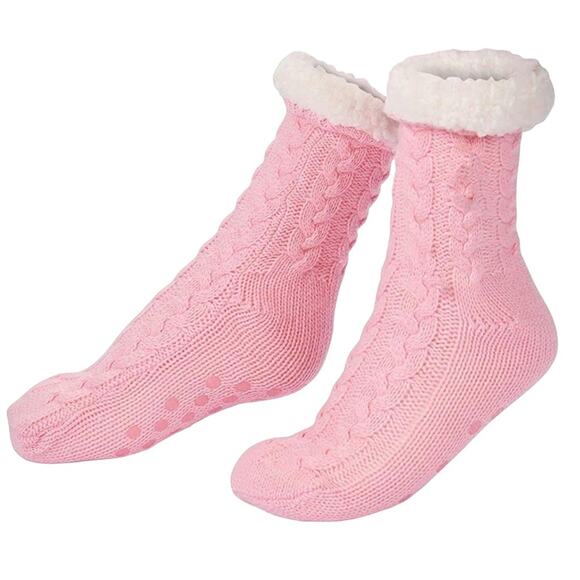 Sherpa Knit Pink Non Slip Slipper Socks One Size - Picture 1 of 2